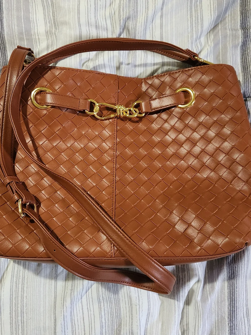 Time and Tru Brown Woven-Style Shoulder Bag with Gold Hardware